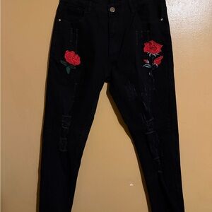 Black Jeans with Red Rose Embroidery 32/32